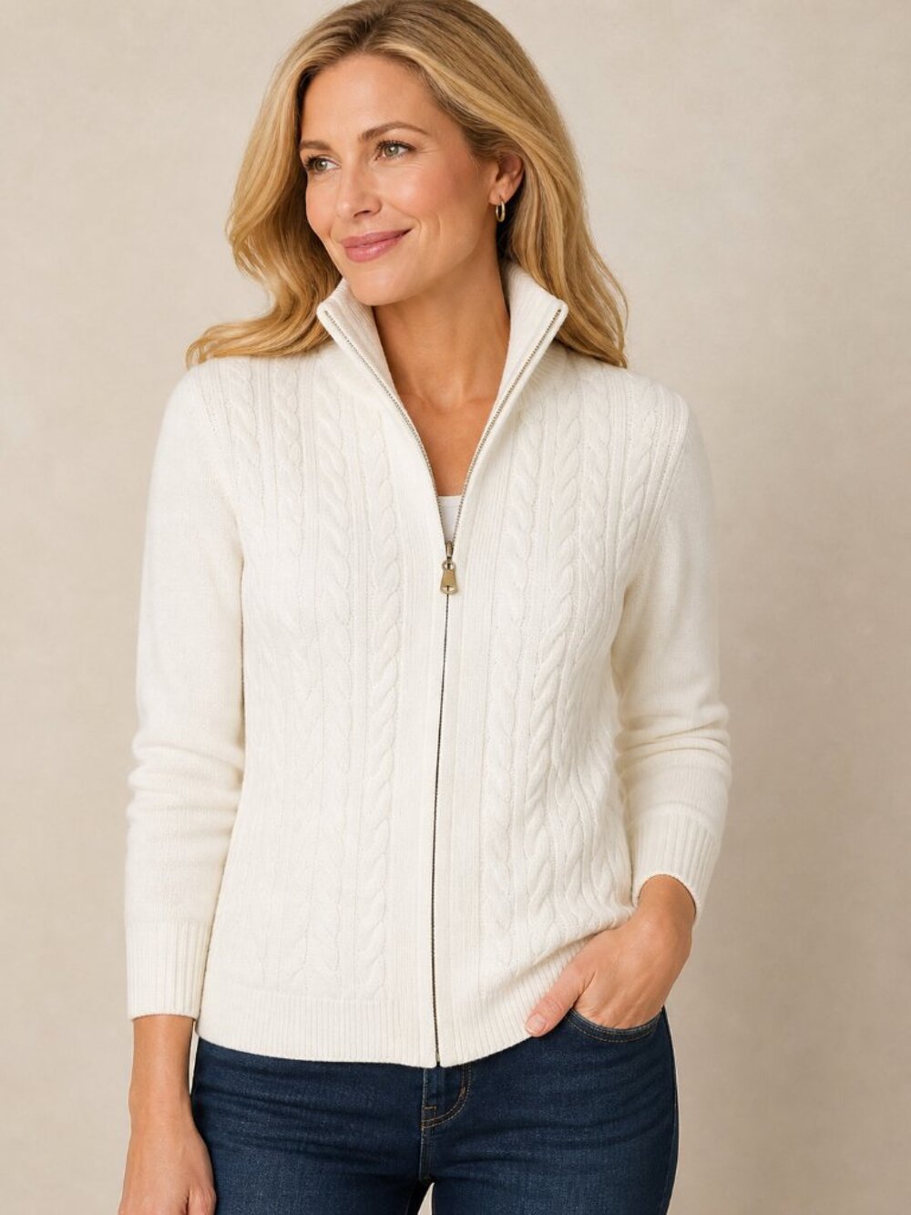 Talbots Cream Cable Knit Zip Sweater Petite Large Cotton Wool Classic